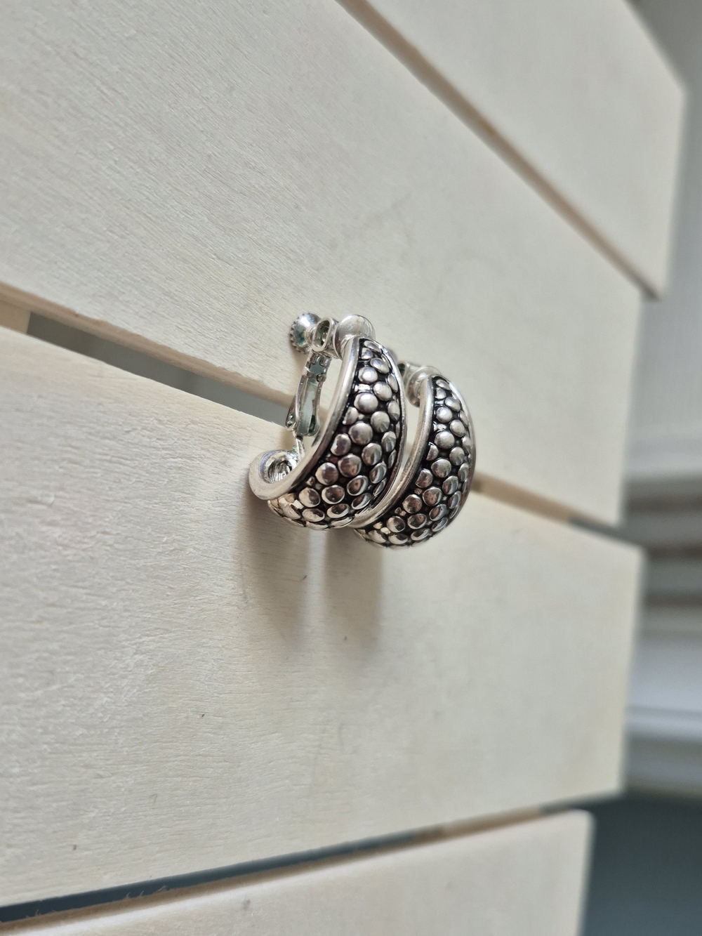 Textured Napier Clip Hoop Earrings in Silver Tone
